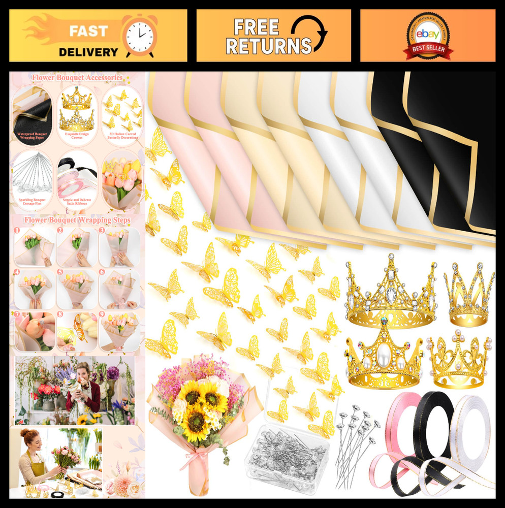 195Pcs Flower Bouquet Supplies – Wrapping Paper, Gold Crowns, Butterflies & Ribb