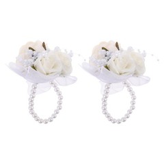 2 Pcs Wedding Corsage Wristlet With Artificial Flowers And Pearl For Bridesmaids
