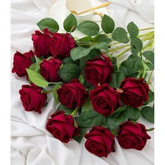 12PCS Artificial Flowers Fake Roses, Realistic Velvet Long Stem Red Roses Wine