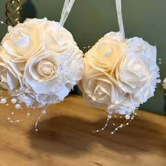 2 Ivory Rose Kissing Balls Wedding Decor Floral Pomander Hanging or Centerpiece