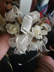 Vintage 2 Cileruide beige rose wrist corsage features gold leaf ribbons Door…