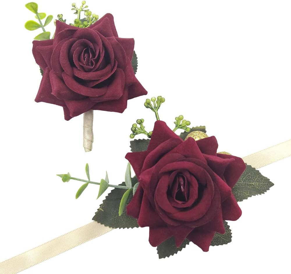 Arlai Wedding Prom Corsage and Boutonniere Set, Rose Wrist Corsage Ribbon Bracel