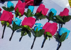 Wedding Bouquet Set – Black, Bright Pink, Turquoise Rose Flowers – 26 pieces