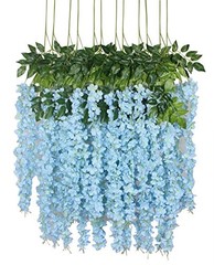 12 Piece Artificial Silk Wisteria Vine 3.6 Feet Hanging Flower Light Blue