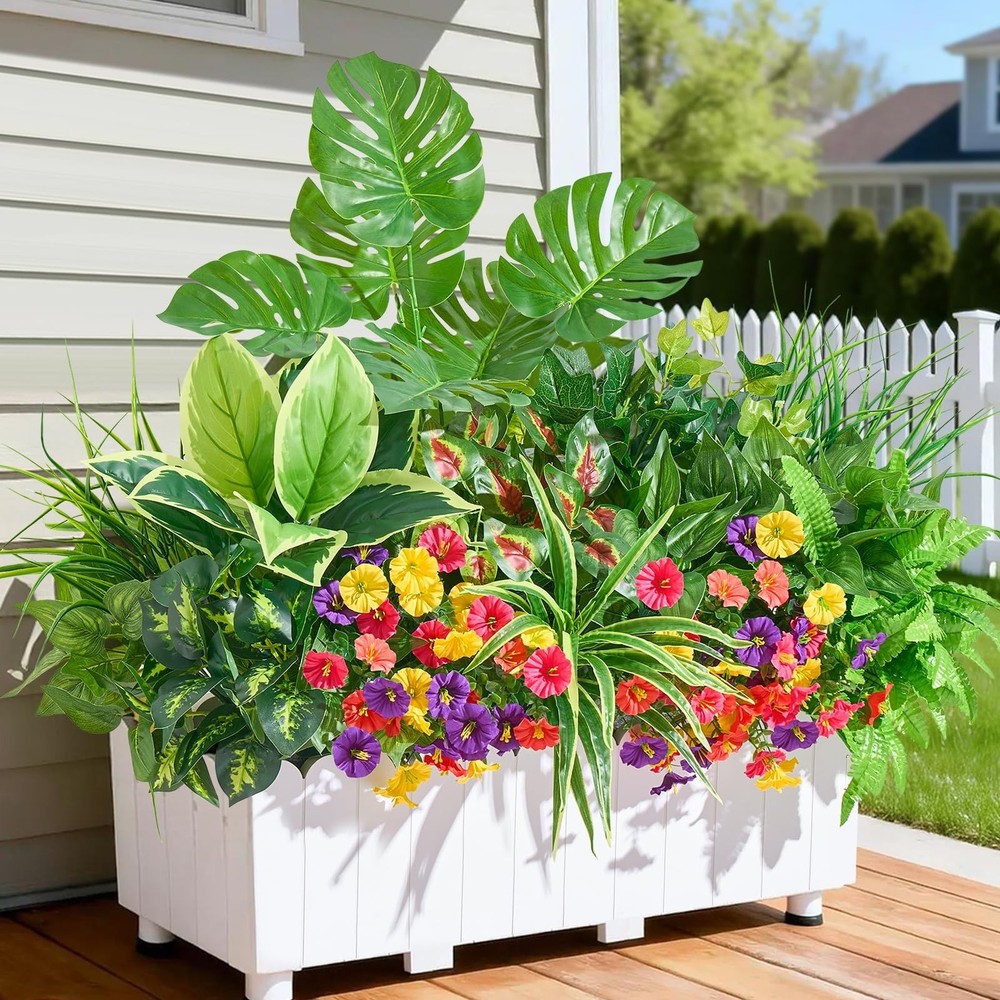 Artificial Plants Outdoor,18PCS UV Resistant Fake Greenery&Flowers with Stems…