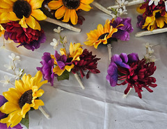 Fall Wedding Bouquet Set, Roses, Sunflowers, Purple, Yellow, Maroon