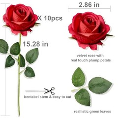 12PCS Fake Red Roses Artificial Red Flowers Bulk, Silk Faux Roses with Stems