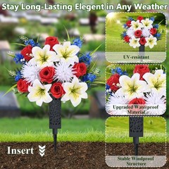 MARTINE MALL 2 Sets Artificial Cemetery Flowers 2 Sets, Red & White & Blue