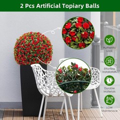 2-Pack Artificial Flower Ball Topiary, UV Resistant, Wedding Garden Decor, Red