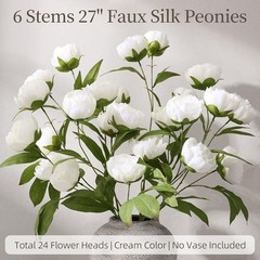 florisso 6 Pcs 27″ Faux Silk Artificial Peony Flowers, Fake Peony White