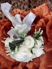 Artificial White Rose Wedding Bouquet, White Satin Ribbon, Green Accents