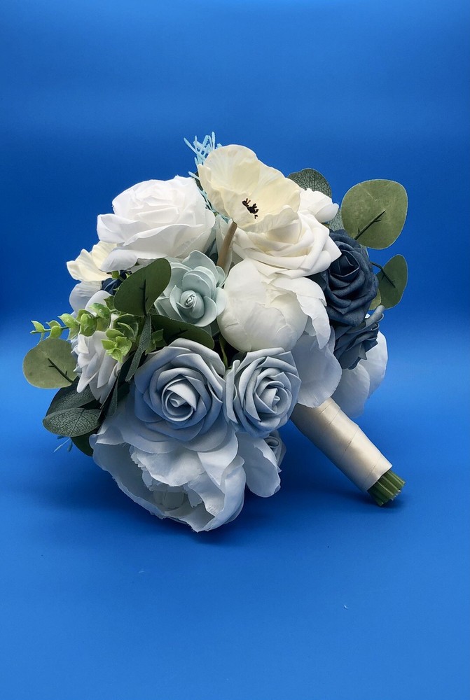 Dusty Blue & White Artificial Wedding Bridal Bouquet Ling’s Moments Faux Flowers