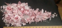 Vintage Silk Wedding Bouquet, Pink, 18″ Satin Leaves, Roses, Stephanotis, Pearls