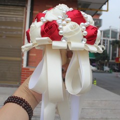 Handmade Luxury Rose Silk Pearls Rhinestone Brooch Wedding Bridal Bouquet Ivory