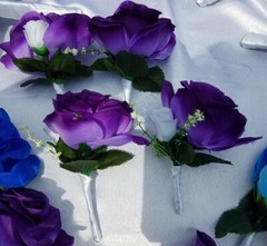 25 pc, Wedding Bouquet Package, Blue & Purple Roses, White Flower, White Ribbon