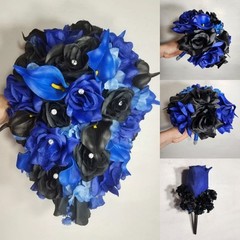 Royal Blue Black Rose Calla Lily Bridal Wedding Bouquet Accessories