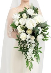 Elegant White Wedding Bouquet: 15″ Cascading Silk Roses Peony Anniversary Gift