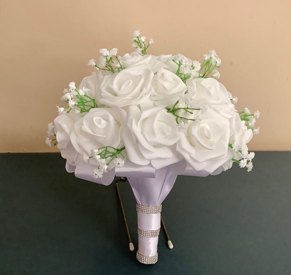Large rose and baby breath bridal bouquet..you pick colors