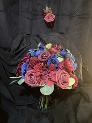 Burgundy And Navy Blue Wedding Bouquet With Matching Boutonnière