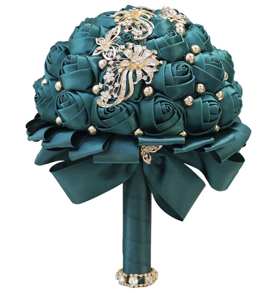 Artificial Green Rose Ball Wedding Bouquet, Gold Rhinestone Brooch Accents