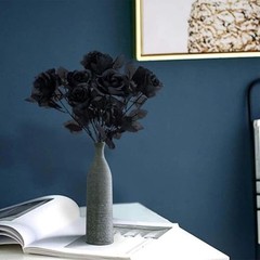 12 PCS Artificial Flowers Black Roses – Fake Silk Flower Long Stem – Solid Black