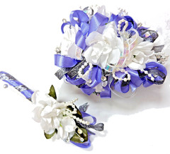 Lavender & White SILK Flower Wrist Corsage & Boutonniere Set. Prom, wedding