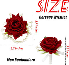 2Pcs Red Rose Corsage and Boutonniere Set Corsage Wristlet Band Bracelet for Pro