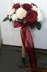 Burgundy Sola Wood Bridal Bouquet Dark Red Bridesmaid White Flowers for Wedding