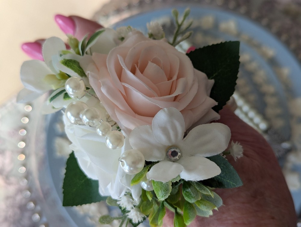 Wrist Corsage Blush And White Roses, Pearls On Pearl Wristlet, Real Touch Roses