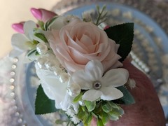 Wrist Corsage Blush And White Roses, Pearls On Pearl Wristlet, Real Touch Roses