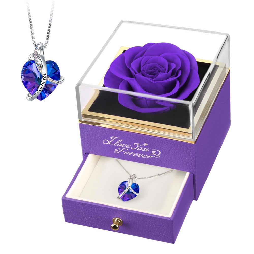 EleShow Preserved Real Purple Rose with Heart Necklace, A1_purple
