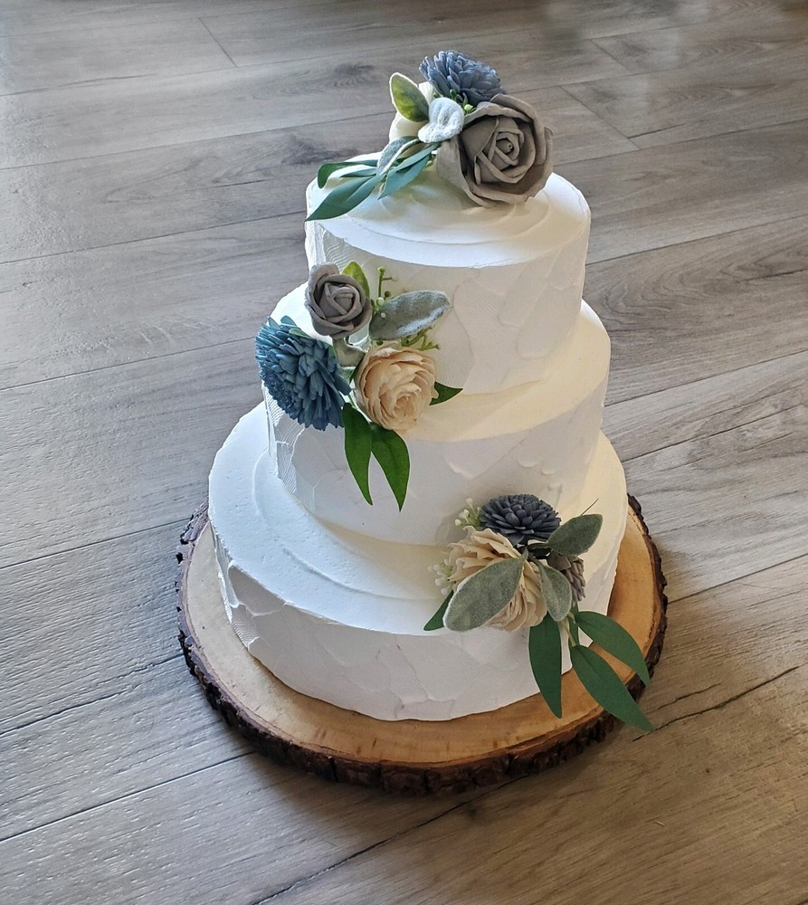 3PC Dusty Blue Gray Wedding Cake Flower Set Sola Wood Floral Decor Anniversary