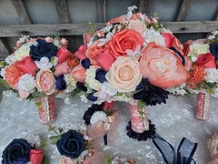 12 PC Blue,Coral,Ivory, Light Rose Wedding Bouquet Set Lace And Bling