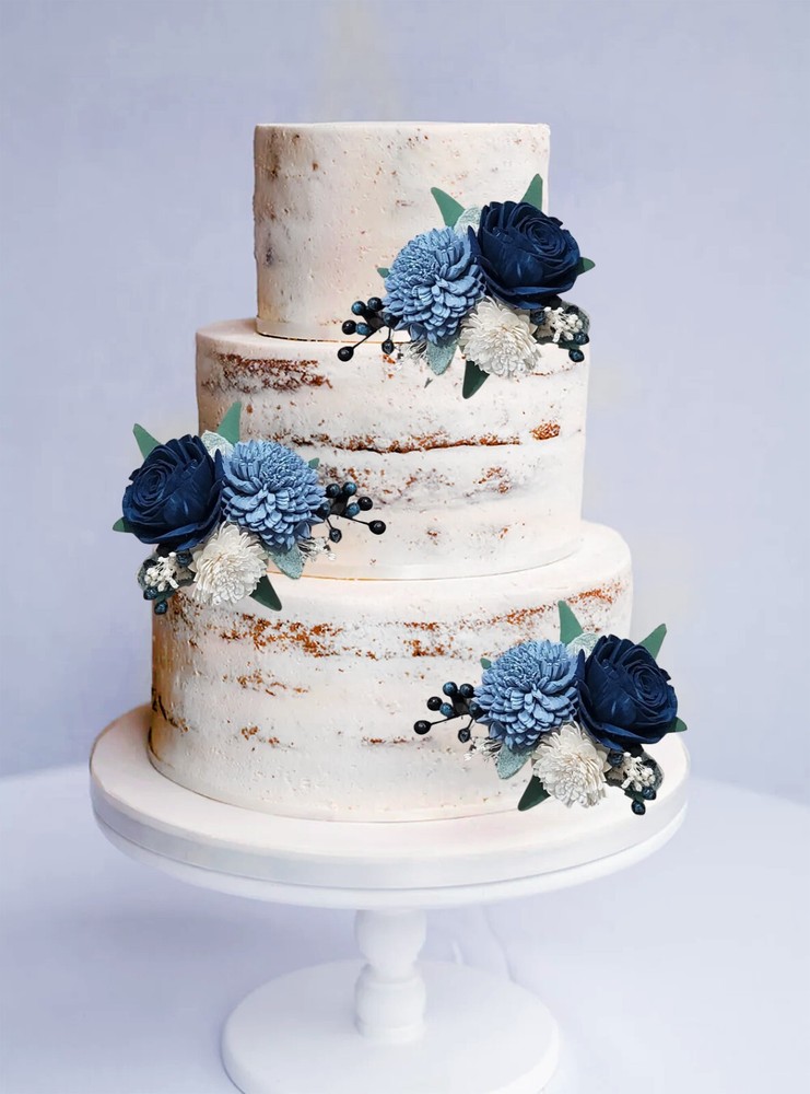 3PC Dusty Blue Navy Wedding Cake Flowers Artificial Sola Wood Party Shower Decor
