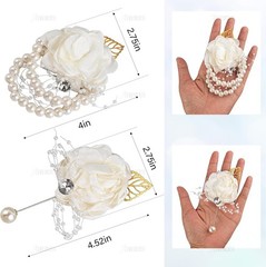 Adjustable White Silk Rose Wrist Corsage 2 Pack with Pearl Bead for Bridesmaids