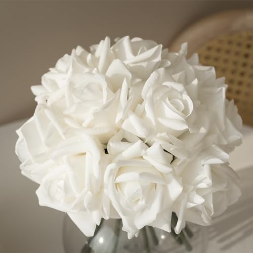 Artificial Roses Single Stem 10pcs Fake Silk Flower White(not Include Vase)