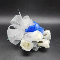 5 White Rose Boutonnaire Corsage White & Blue Ribbons 5″ Handmade Prom Holiday