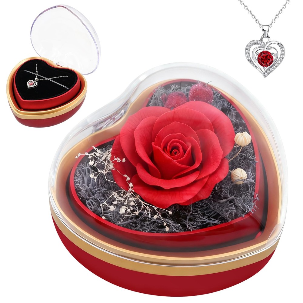 Eternal Real Rose Dainty Love Pendant , Preserved Red Gift Box with