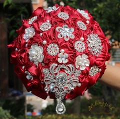 Bridal Wedding Bouquet Round Bling Brooch Bouquet Artificial Rose Flower Bunc…