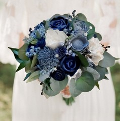 Navy Dusty Blue Bridal Bouquet Thistle Sola Wood Wedding BOHO Bridesmaid Flowers