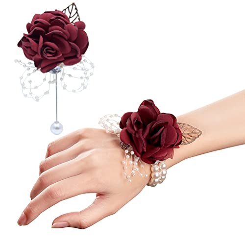 Rose Wrist Corsage Boutonniere Set,Wrist Flower Corsage Wristlet Band Set Red