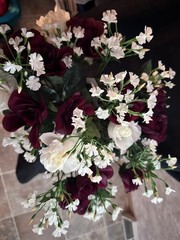 Bouquet Of Beautiful Red and White Silk Roses with silk baby’s breath.