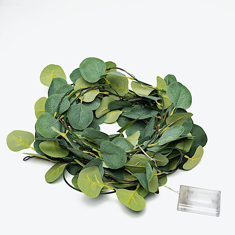 32 ft Green LED Eucalyptus Leaves Garland Battery Operated Wedding Fairy Lights