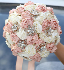 Pale Pink & Ivory Satin Rose Bridal Toss Bouquet – 9.4″ Handmade Floral Bunch