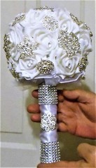 Bridal Bouquet Silver Clear Gem Brooch Pin Bling White Latex Roses Satin Tulle
