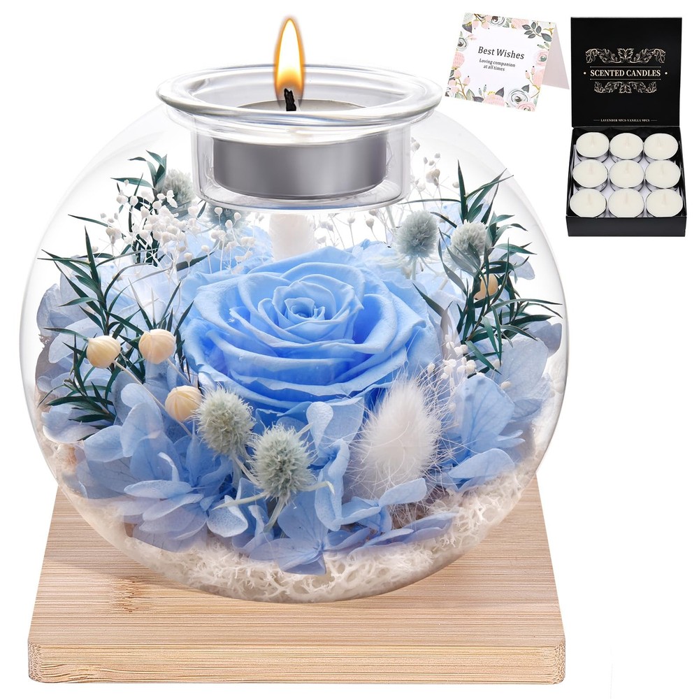Valentines Birthday Gifts for Women Preserved Roses in Glass Blue