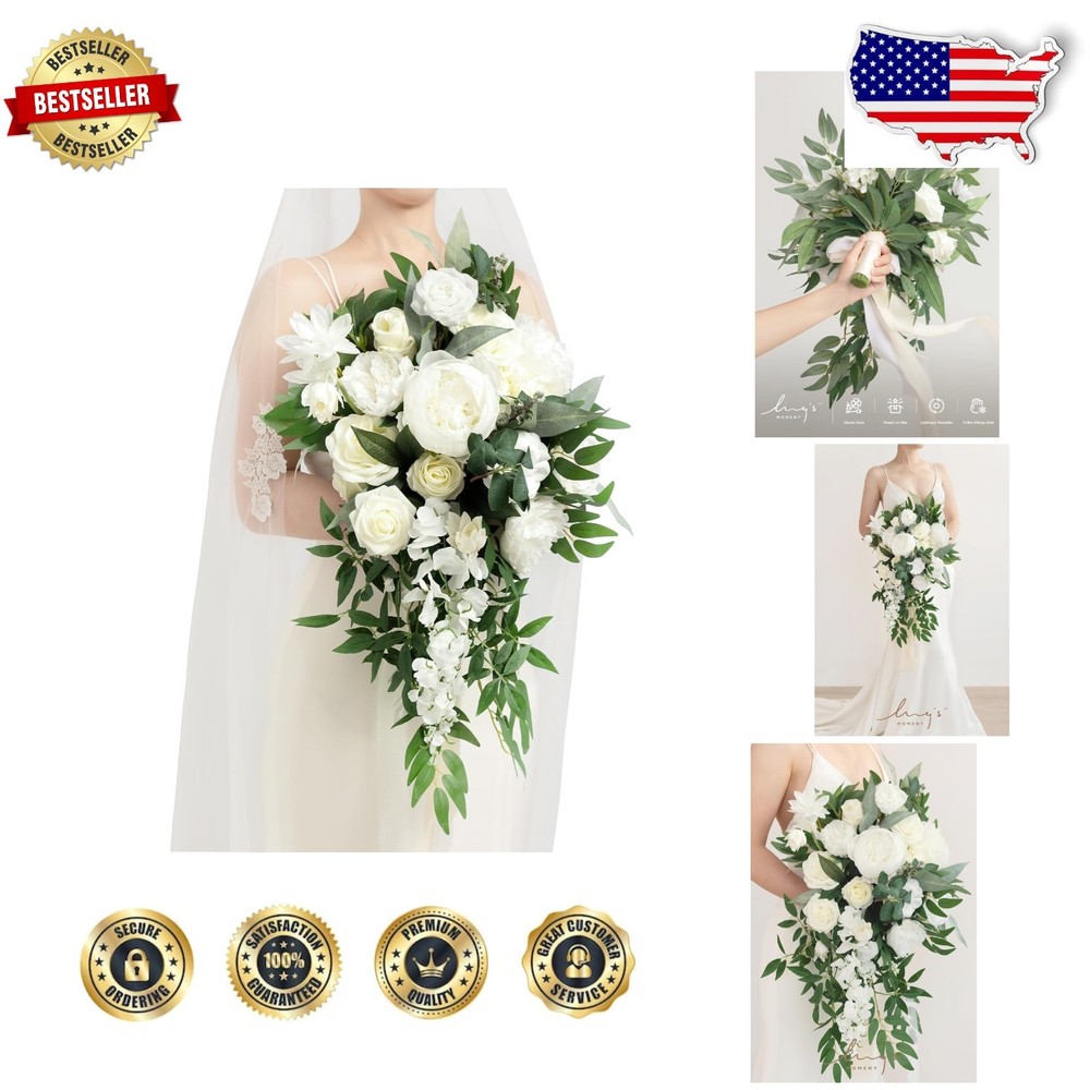 Elegant White Wedding Bouquet: 15″ Cascading Silk Roses Peony Anniversary Gift