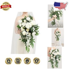 Elegant White Wedding Bouquet: 15″ Cascading Silk Roses Peony Anniversary Gift