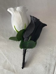 Wedding Bouquet Set, Black & White Roses, Black Velvet Bows, 21 Pc Flowers