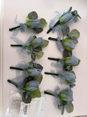NEW – Lot of 9 Dusty Blue – Rose – Wedding Boutonnieres – Qty 9 with Pearl Pins